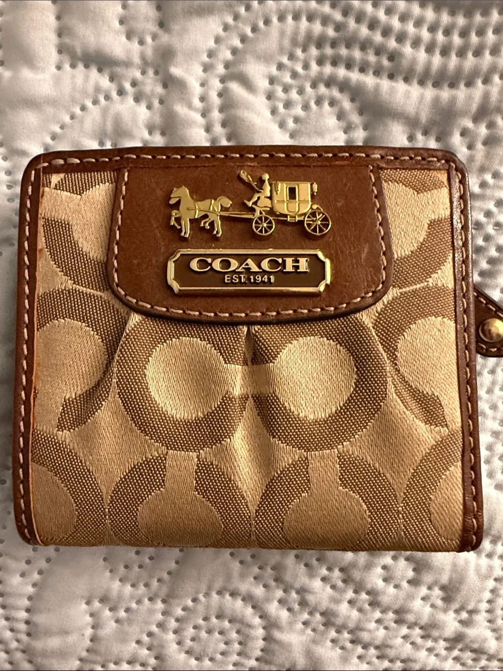 Coach Tan and Brown Signature Canvas Card Holder with Gold Hardware